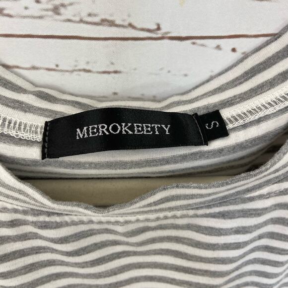 Merokeety S Grey Stripe Tie Waist Pocket Sheath Belted Mini Crew Tshirt Dress - Picture 6 of 7